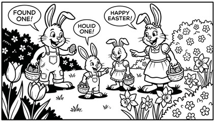 Naklejka premium A black and white line art illustration featuring a happy rabbit family enjoying an outdoor Easter egg hunt in a spring garden with blooming flowers and baskets