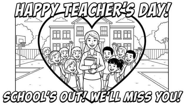 Coloring Page Featuring A Kind Elementary School Teacher Surrounded By Happy Students In Front Of A School Building With A Heart Frame Outline Design