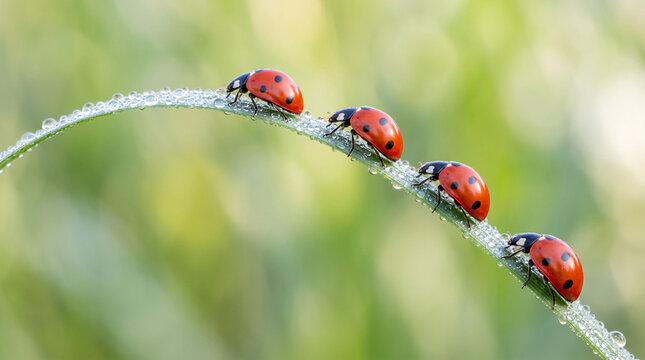 Coccinelles rouges align&eacute;es sur une tige v&eacute;g&eacute;tale
