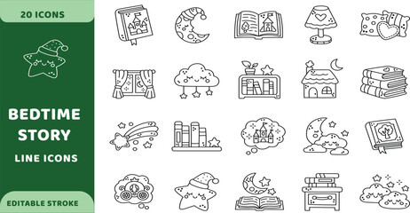 Obraz premium Bedtime story vector icons. Child sleep comfort signs set. Night reading icon. Dream symbol set