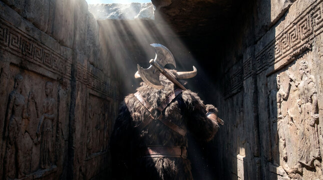 Minotaur carrying a double-headed axe walking through an ancient stone labyrinth