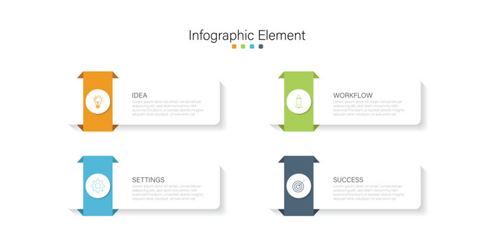 Steps infographic design. Infographic template with 4 colorful options, icons, and text boxes for comparing features, services, or business choices. 