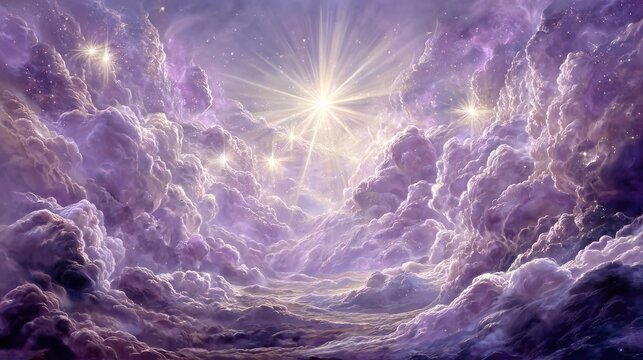 Radiant light bursts through towering, ethereal lavender clouds in a cosmic scene.
