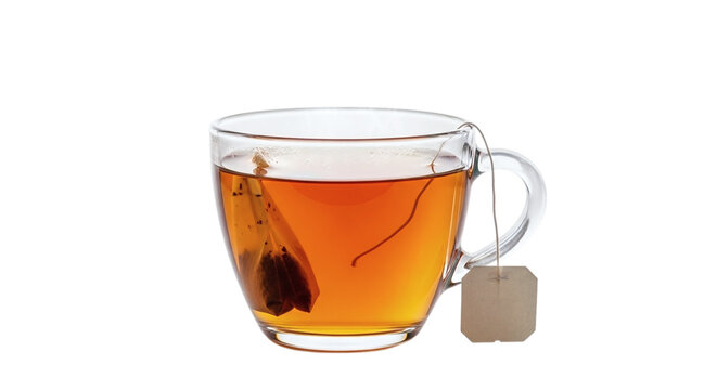 A glass mug of tea with a brown tag on a transparent background