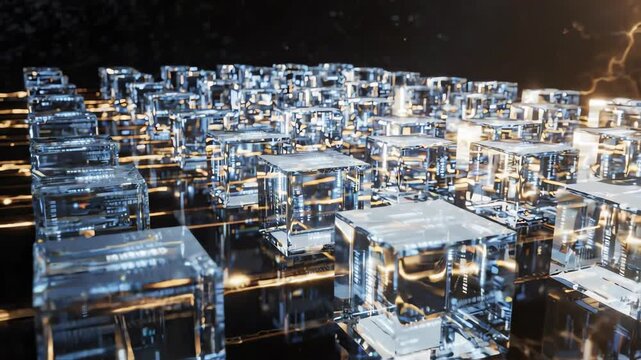 Abstract geometric glass cubes aligning into a structured grid with soft golden light leaks representing organized artificial intelligence frameworks and regulatory compliance