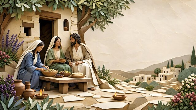 Saints Martha Mary And Lazarus Having Dinner At Bethany House Banner Background
