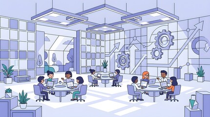 Obraz premium Modern business workspace illustration featuring diverse teams, data analytics, and growth symbols in an open-plan office.