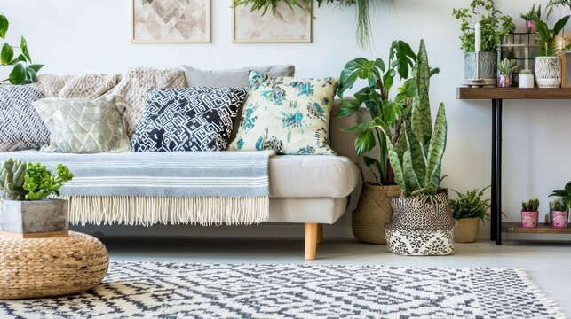 Comfortable living room setting features abundant greenery and patterned textiles