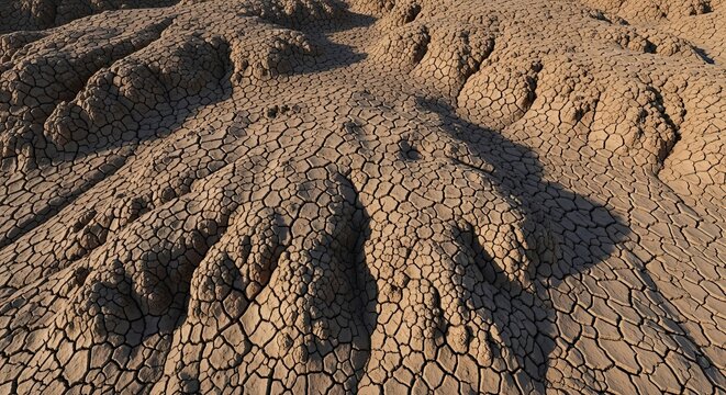 Intricate patterns of deeply cracked earth and dramatic erosion formations define a parched, arid landscape, vividly showcasing the harsh effects of desiccation and prolonged drought