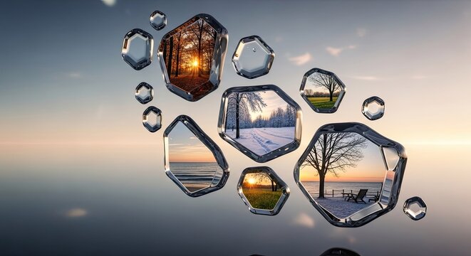 A captivating arrangement of natural landscapes and changing seasons presented within abstract, crystalline reflections, showcasing the diverse beauty of our world through multiple perspectives