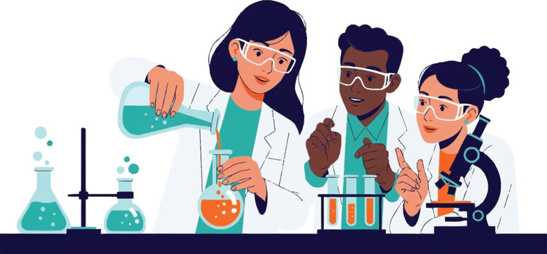 Three people in lab coats working.