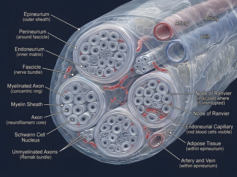 Detailed cross section of human peripheral nerve bundle with peripheral, physiology