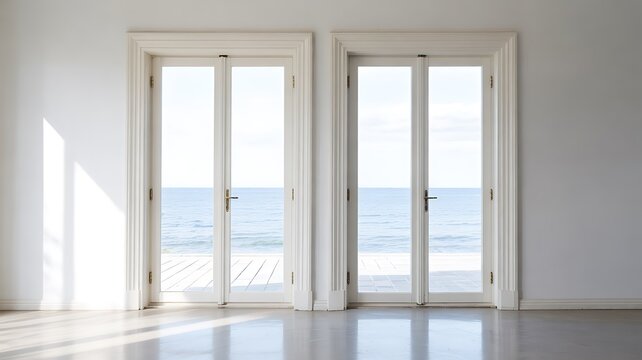 Modern glass patio doors with ocean view in bright minimalist interior architecture design