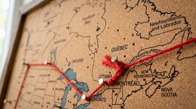 Travel Route Marked on Cork Map of Canada with Red String