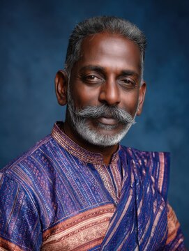 South Indian man wearing traditional lungi and shirt in studio portrait