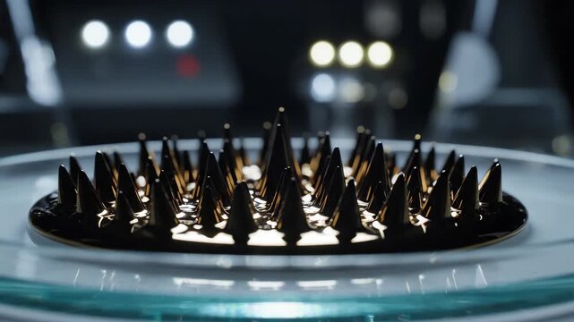 Cinematic macro shot of dark magnetic fluid forming intricate geometric spikes and ripples on a smooth surface during scientific experimentation