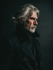 Fototapeta premium Silver-haired male lighthouse keeper in navy coat against dark backdrop