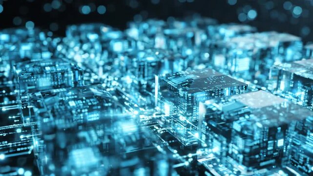 Cinematic macro shot of glowing crystal blocks aligning into a perfect geometric grid representing algorithmic governance and data regulation