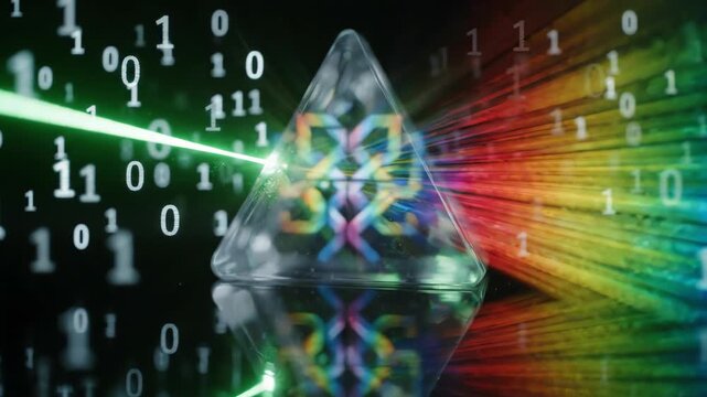 Cinematic macro shot of laser light reflecting through glass prisms creating spectrum patterns for data protection and ethical transparency