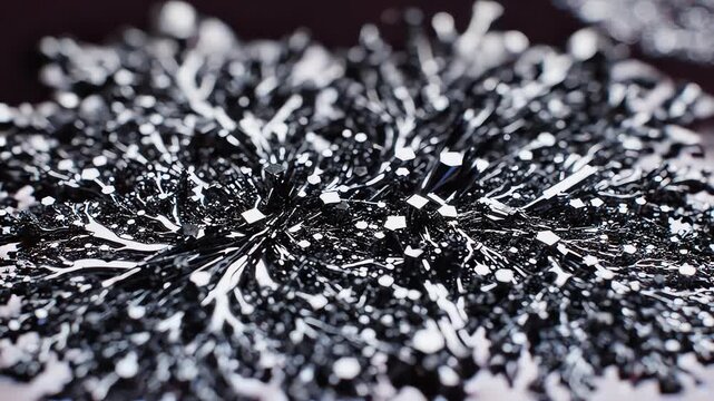 Cinematic macro shot of liquid metallic polymer cooling and solidifying into a complex organic crystalline structure