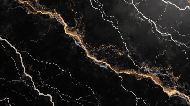 Elegant Black Marble with Dramatic Golden and White Veins Texture