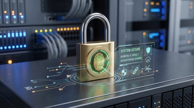 Golden padlock with biometric fingerprint scan on server rack, illustrating cybersecurity, data protection, encryption, authentication