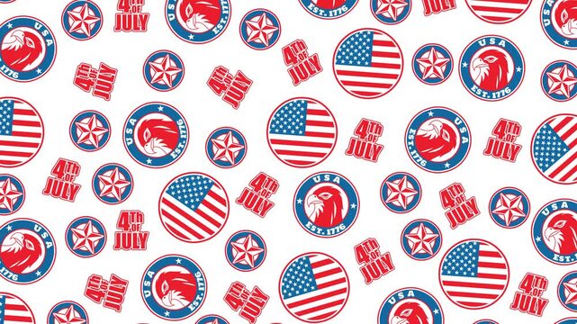 Independence Day &ndash; Looping 4K animation featuring a seamless patriotic pattern of American flag badges, eagle emblems, 4th of July typography, and star icons, ideal for backgrounds, event screens.
