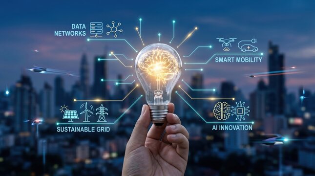 Hand holding light bulb with brain inside, smart city innovation concept, sustainable energy grid, AI technology integration, data networks, electric mobility solutions