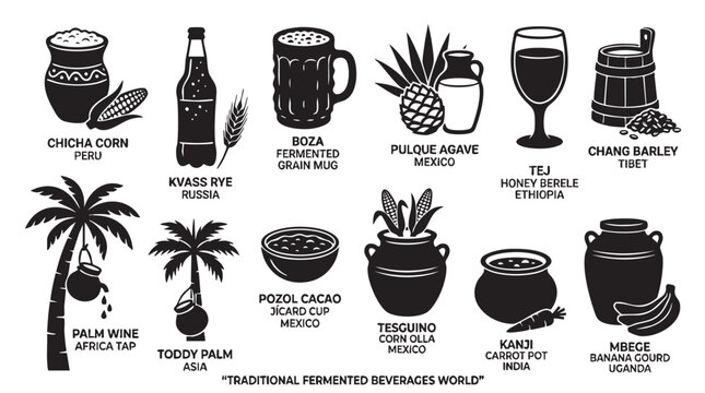 Traditional fermented beverages world icons featuring cultural drinks and containers.