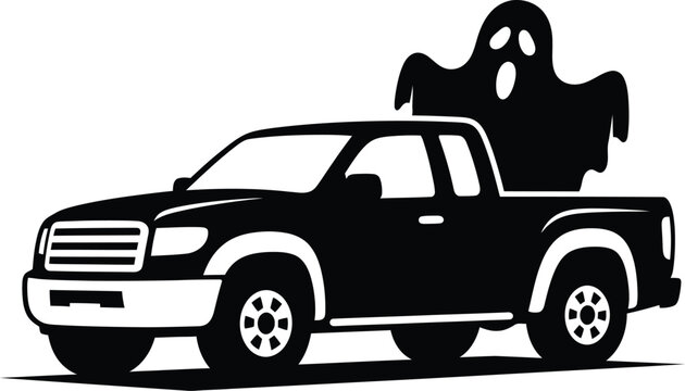 Black silhouette pickup truck with ghost in the back  halloween theme