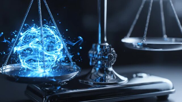Close up shot of a futuristic metallic balance scale gently tilting with pulsing light energy representing the weight of algorithmic accountability