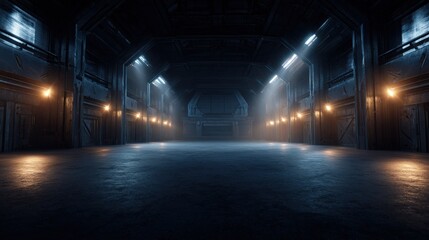 Fototapeta premium Dimly lit industrial corridor features contrasting overhead blue and wall mounted amber illumination