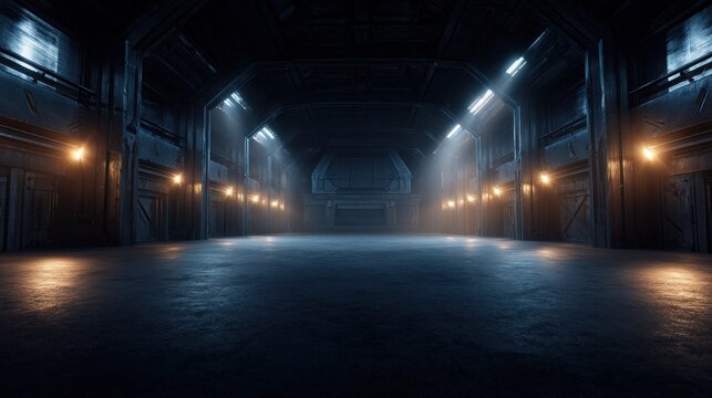 Dimly lit industrial corridor features contrasting overhead blue and wall mounted amber illumination