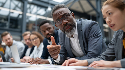 Obraz premium Focused Collaboration: A diverse group of professionals in a modern office setting engages in a serious discussion, with a middle-aged man with glasses leading the conversation, pointing forward.