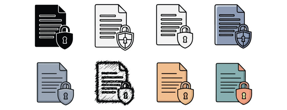 Secure document icons set featuring various lock symbols and paper designs isolated on transparent background enhancing security concepts for digital files and information protection