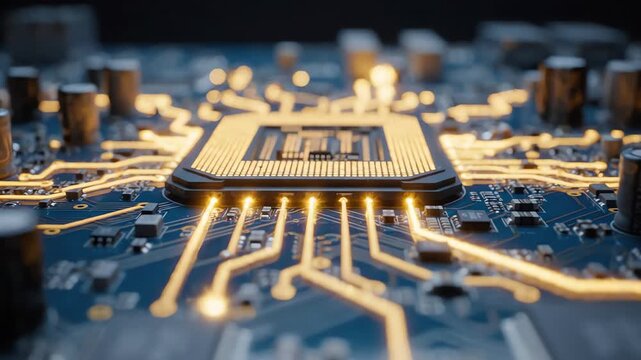 Macro cinematic shot of golden light pulses flowing through a complex circuit board representing ethical AI guidelines and digital safety