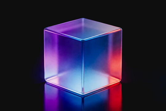 A 3D rendered translucent glass cube with purple-blue-red gradient rests on a dark reflective surface against a black background.