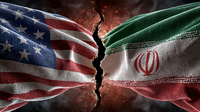 Divided Nations: A powerful visual metaphor depicts the fractured relationship between the United States and Iran, with their flags torn apart by conflict and turmoil.