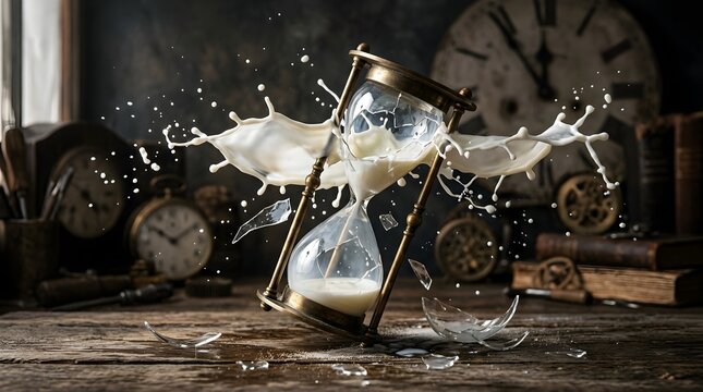 Broken hourglass with milk splashing on a wooden desk with clocks