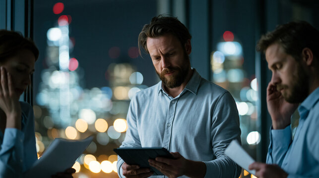 Tense Moment in Business: Three business professionals look concerned as they review documents and a tablet in a dimly lit office late at night, with city lights visible in the background.