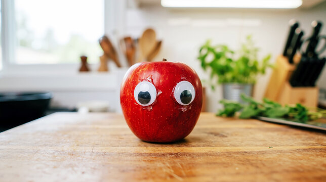A shiny red apple with humorous googly eyes sits on a wooden kitchen counter, creating a funny and anthropomorphic personification of fresh healthy food in a bright home interior.