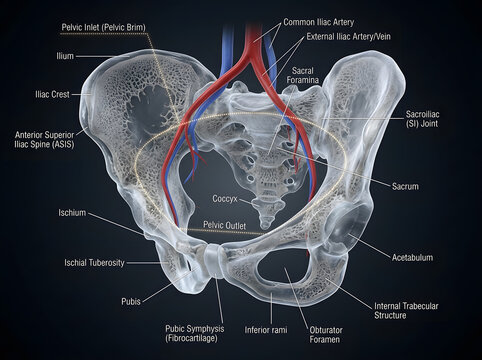 Human pelvic girdle anatomy with arterial blood supply and pelvic bones, circulatory