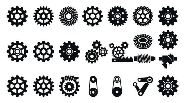 Industrial gear icons set, mechanical engine parts and cogwheel collection, black silhouette machinery hardware for engineering design isolated PNG with Transparent Background