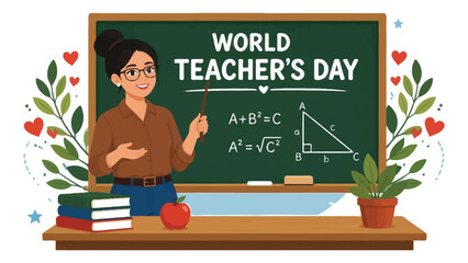Teacher stands in front of a chalkboard decorated with hearts and greenery to celebrate World Teachers Day in a classroom. © Sadee Girl