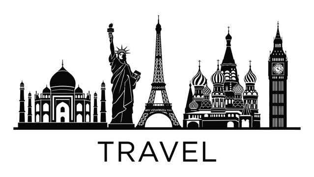 Landmarks from around the world form a stylized black silhouette skyline representing global travel.