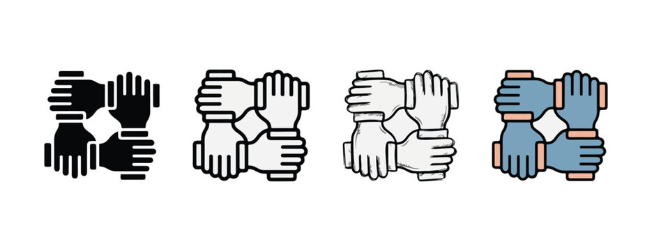 Teamwork icons featuring diverse hands joining together symbolizing unity collaboration and support in various styles isolated on transparent background