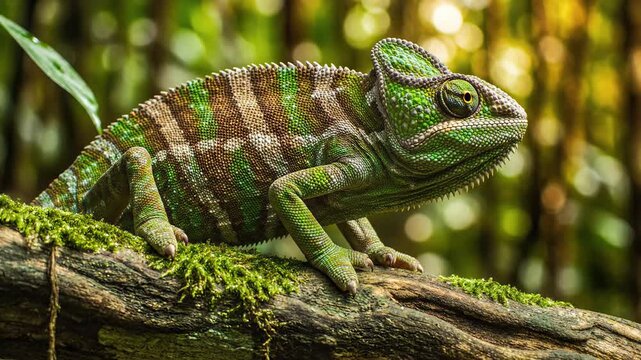 A detailed closeup of a veiled chameleon sitting on a mossy branch in a blurred tropical forest, showcasing vibrant skin textures and camouflage.