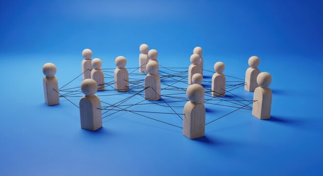 Wooden figures connected by intricate lines on a vibrant blue background, representing network, team, and connection.