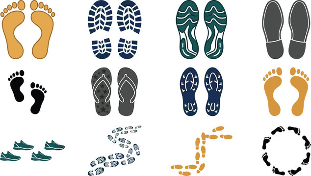 Footprint and shoe print collection featuring barefoot tracks sneaker soles sandal marks walking paths and footprint symbols