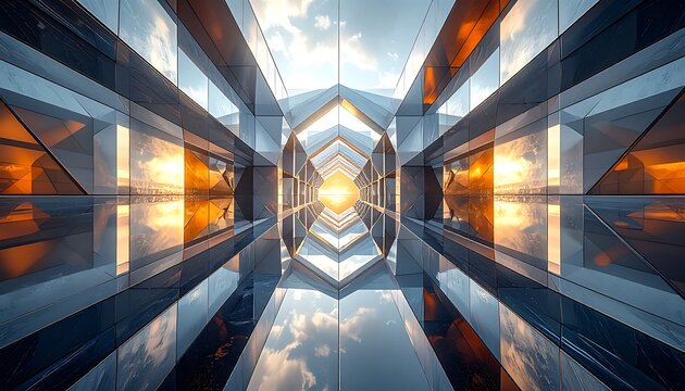 A futuristic corridor with reflective surfaces and sunset